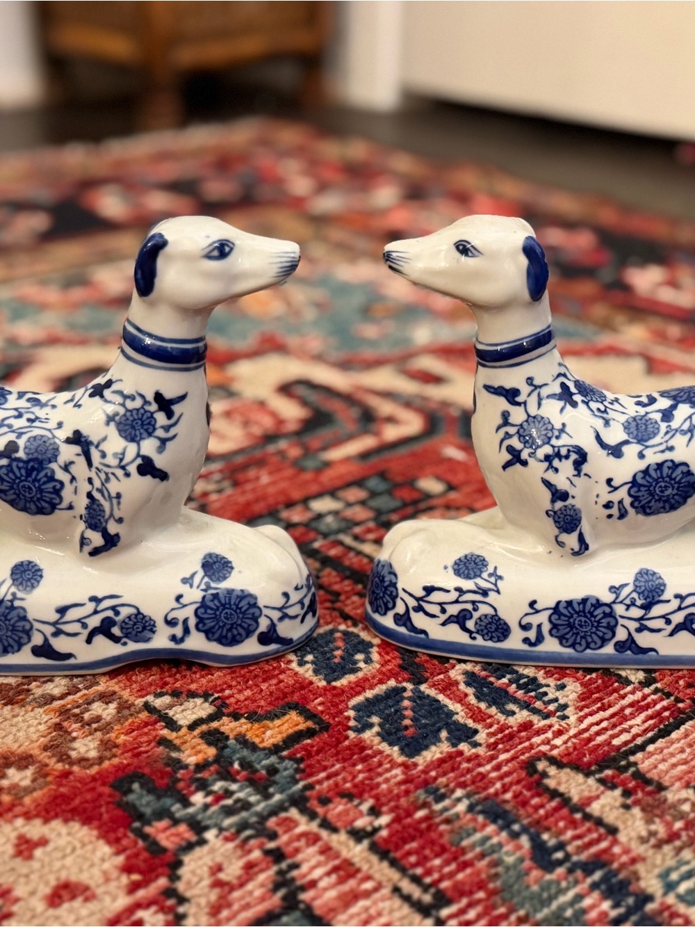 Blue and White Ceramic Greyhound dog Figurine Pair - Home Accents
